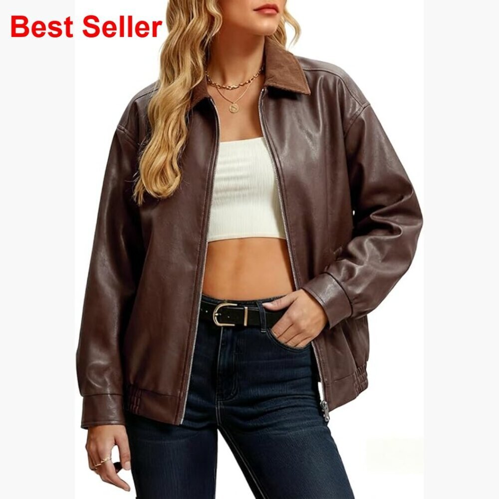 Faux Leather Oversized Bomber Jacket Motorcycle Zip Up